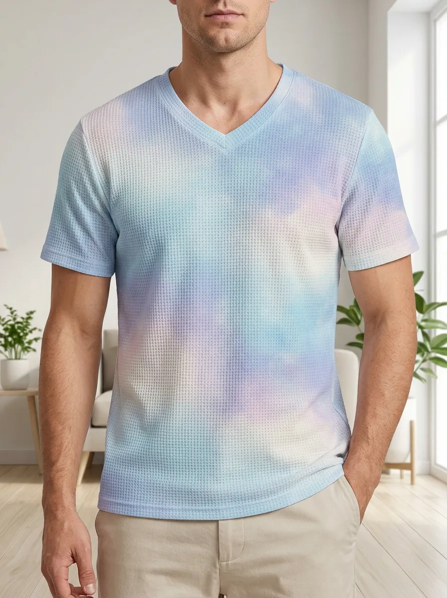 Men's Pastel Tie-Dye Waffle Knit Modern V-Neck T-Shirt