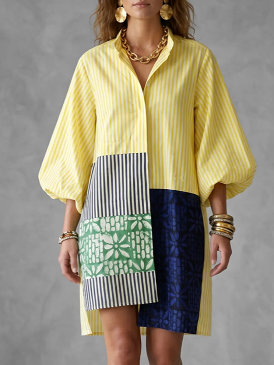 High Low Long Sleeve Asymmetric Buttoned Contrast Color Printed Split Joint