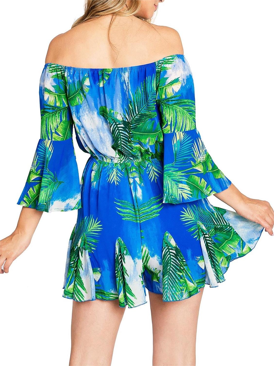 Blue Tropical Print Off - Shoulder Dress