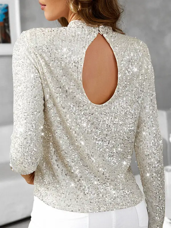 Long Sleeve Sequined Shiny Stand Collar T-Shirt