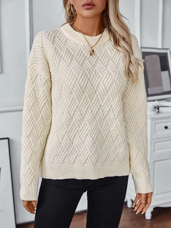 Paneled Round Neck Long Sleeve Relaxed Fit Pullover Sweater