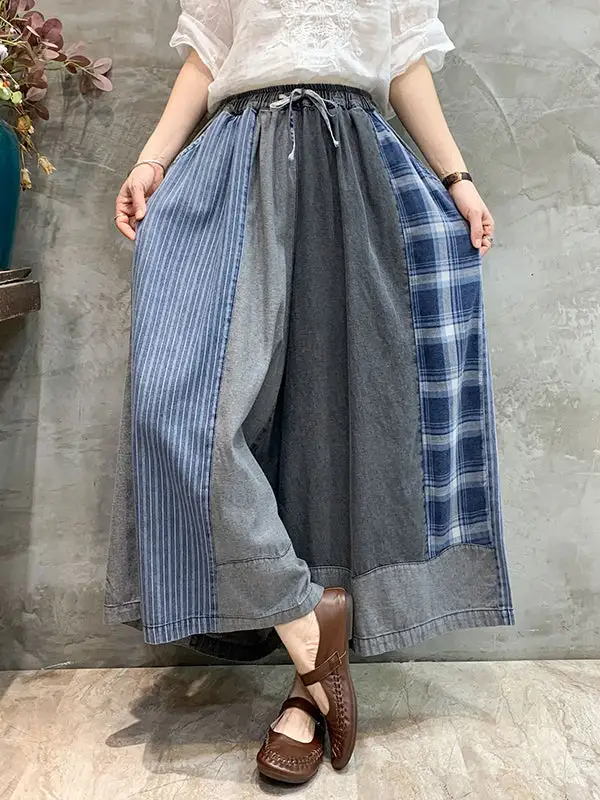 Plaid Relaxed Fit Wide Leg Ankle Length Seamed Drawstring Elastic Waist Jeans