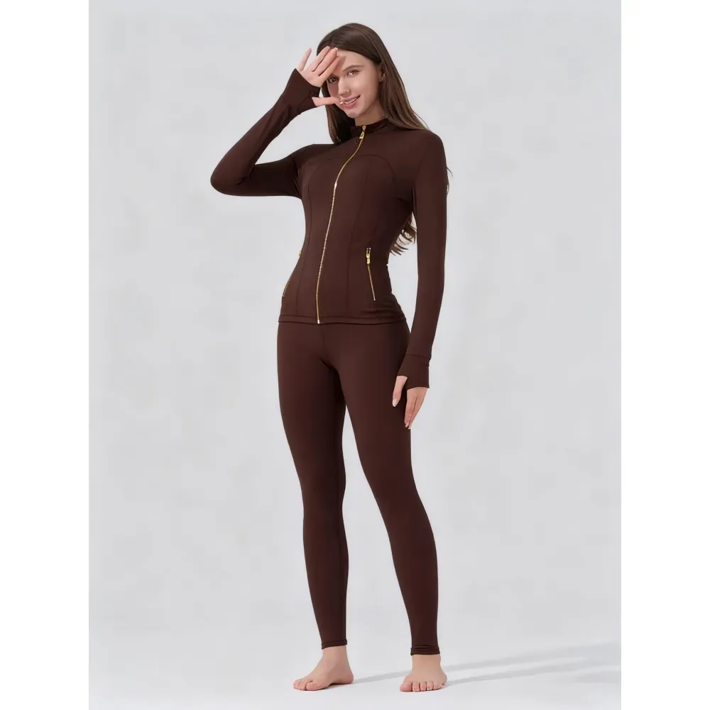 【Golden Zipper】【Gardenia Fragrance】Soft Brushed Women's Sporty Jacket, 25'' Inseam Leggings. Golden Zipper Jacket with Pockets, Yoga Pants, Thumbholes Design, Casual Wear for Women