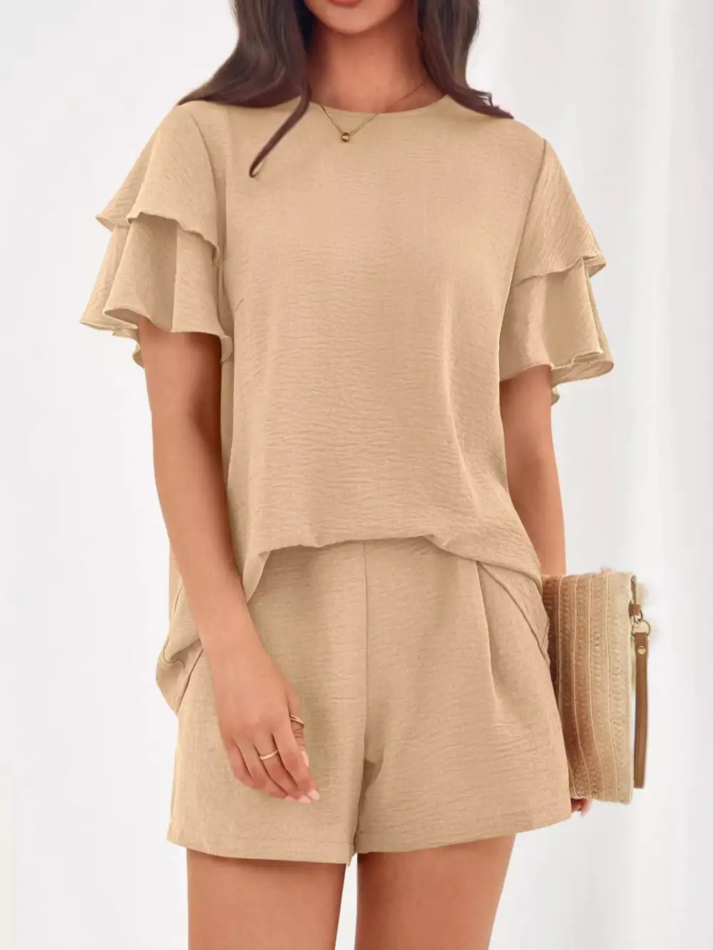 Ruffle Sleeve Top and Shorts Two-piece Set