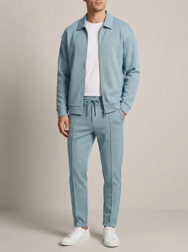 Men's Plaid Polo Collar Jacket and Jogger Pants Set