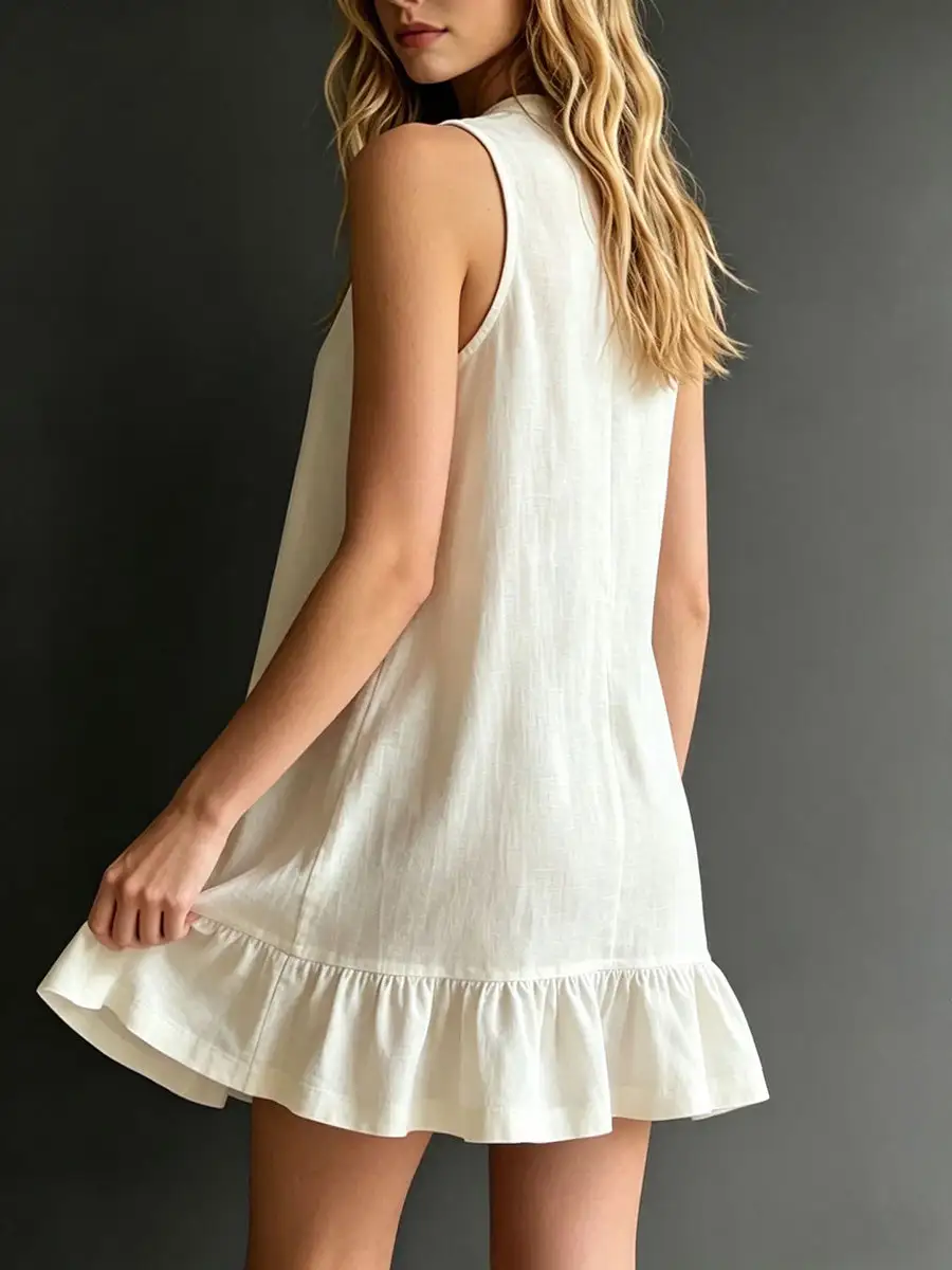 A Line Relaxed Buttoned Pleated Solid Color Round Neck Mini Dress