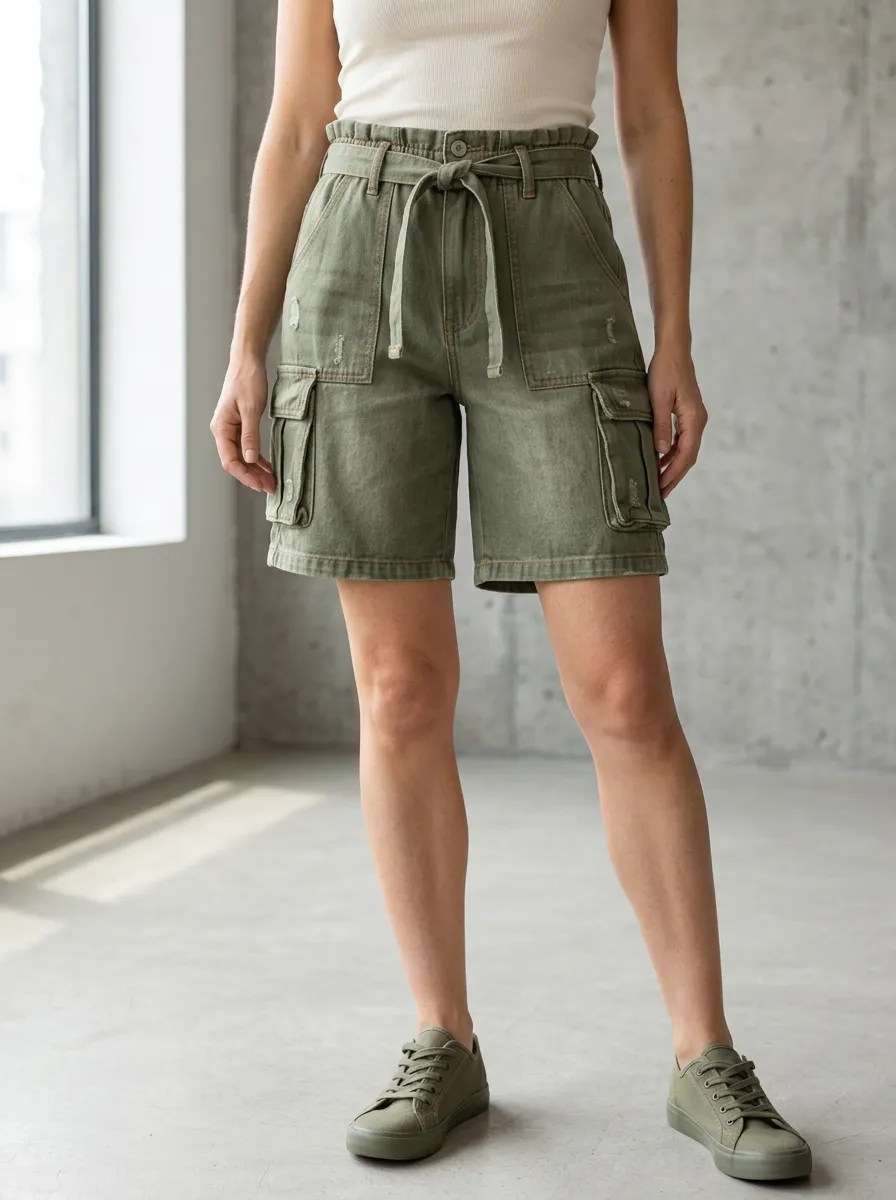 Women's Olive Green Cargo High-Waisted Belted Denim Shorts