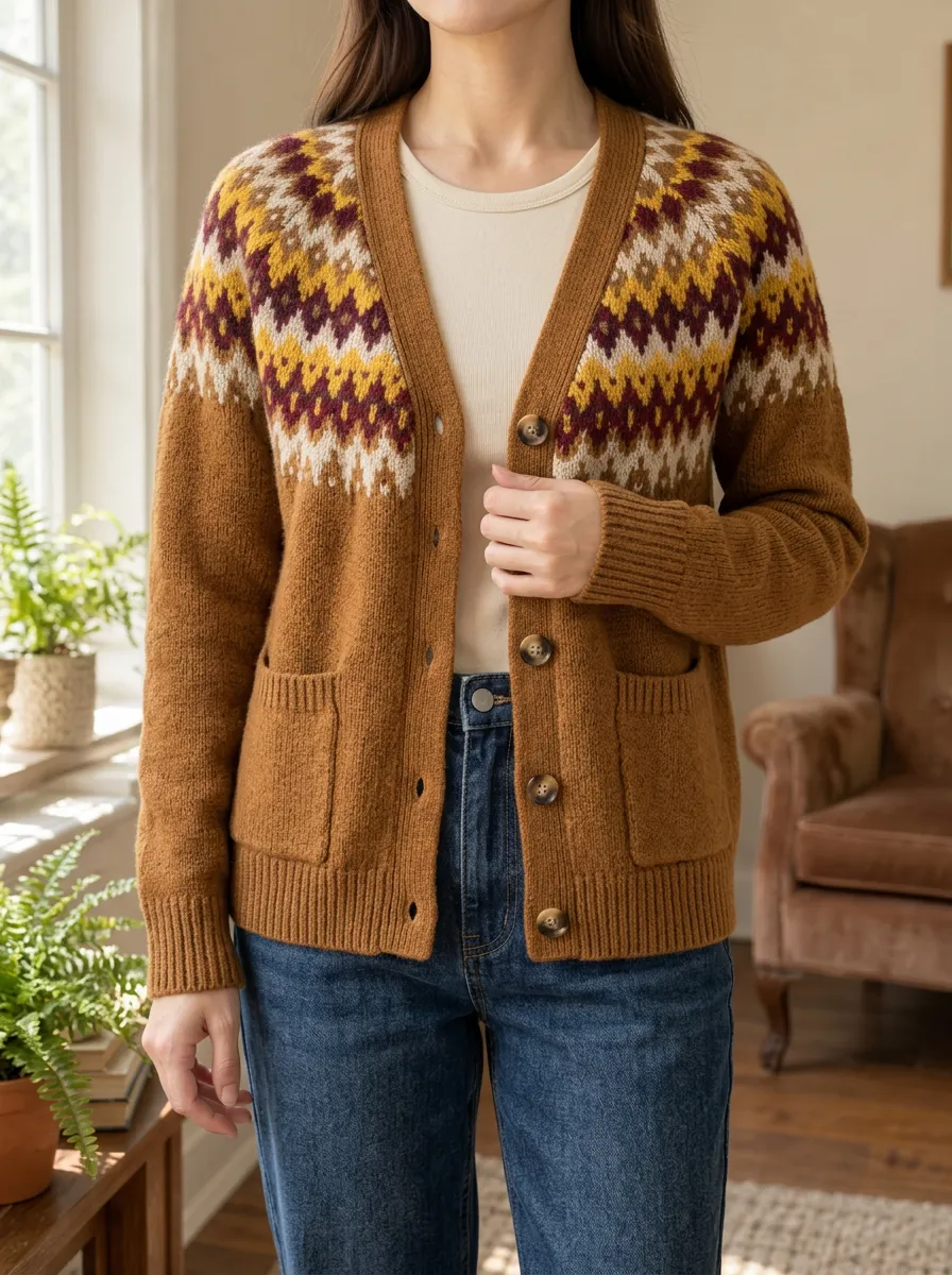 Women's Vintage Style Geometric Fair Isle Printed Cardigan