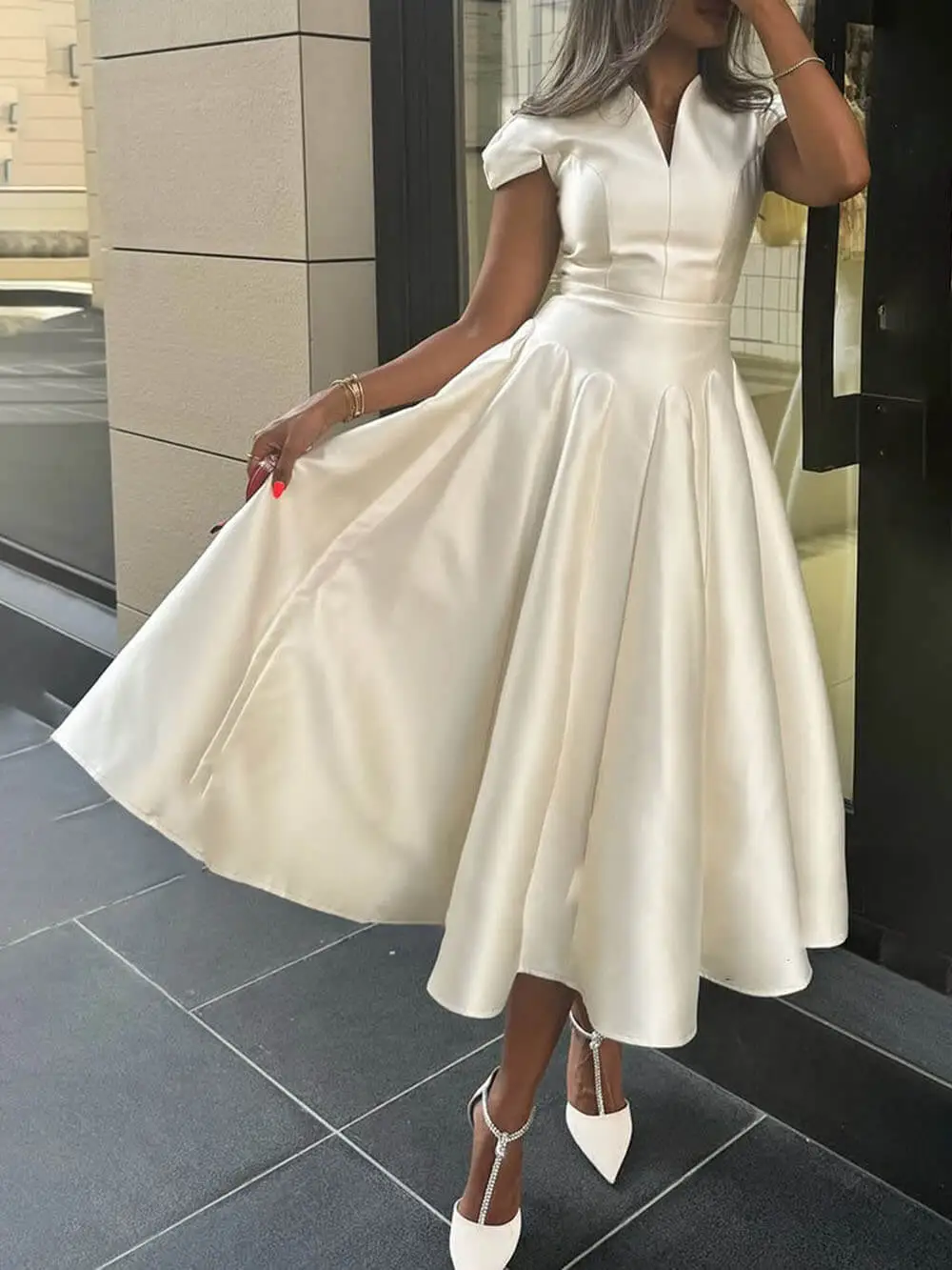 Elegant Pleated V Neck Waisted Flared Midi Dress