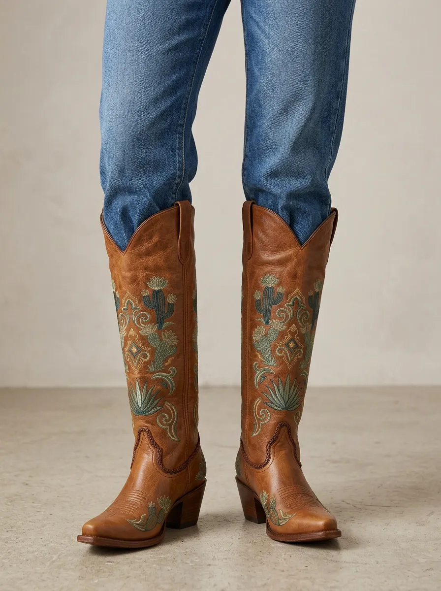 Women's Cactus Floral Embroidered Braided Block-Heel Stacked-Heel Western Denim Over-the-Knee Boots