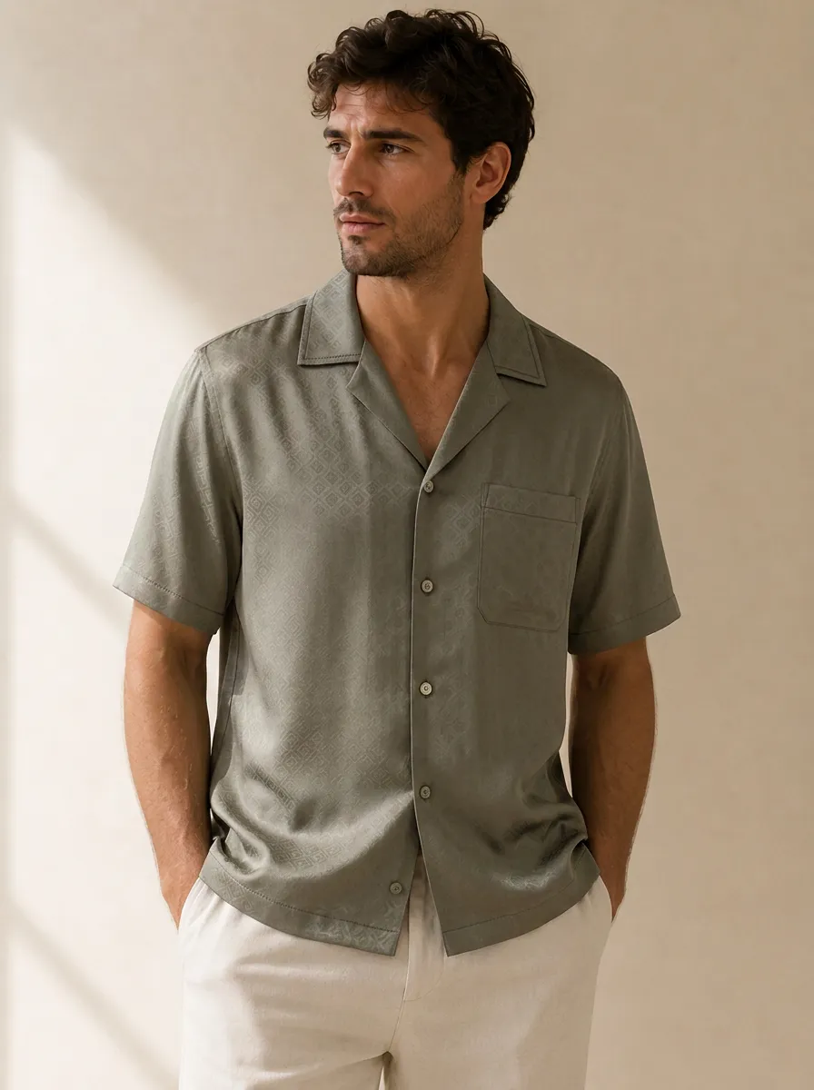 Men's Sage Green Geometric Jacquard Camp Collar Shirt with Patch Pocket Detail