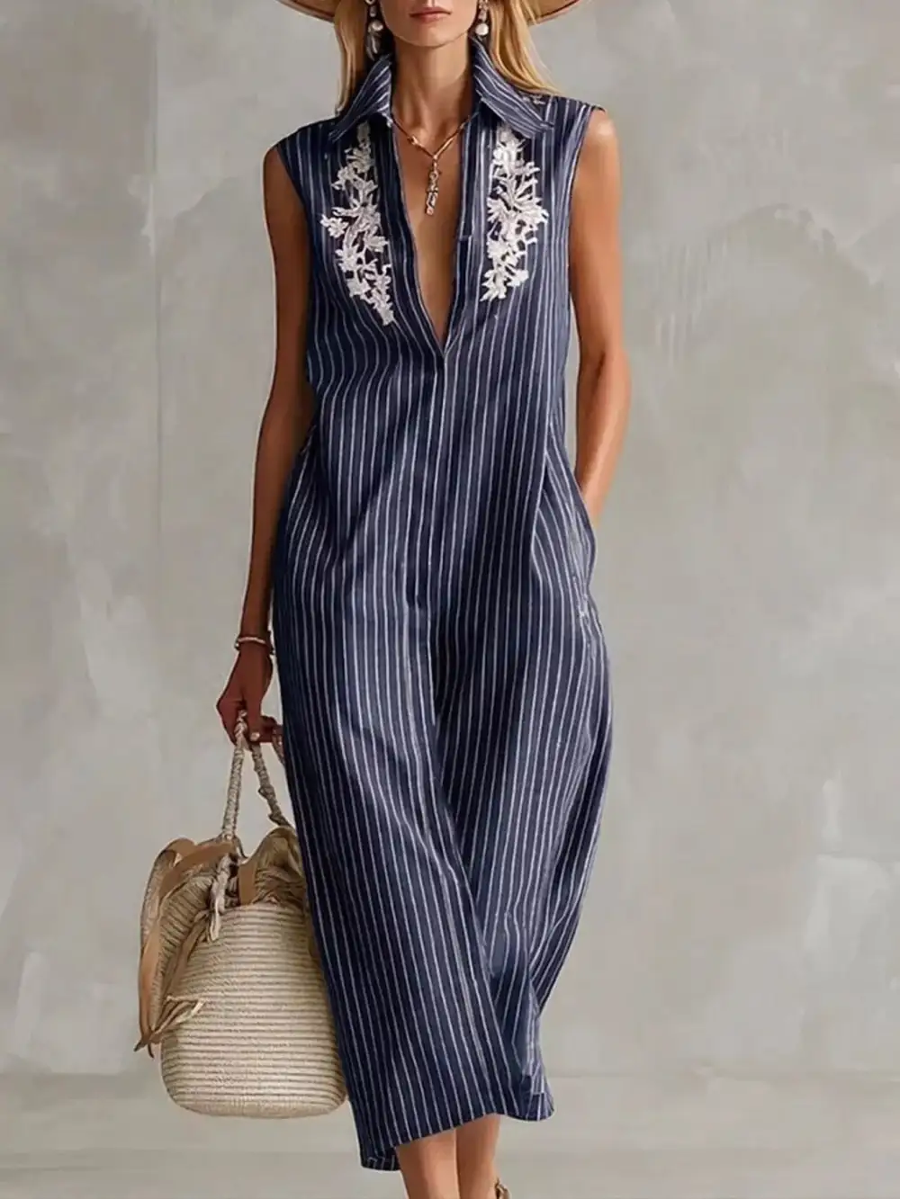 Striped Sleeveless Collared Neck Shirt Dress