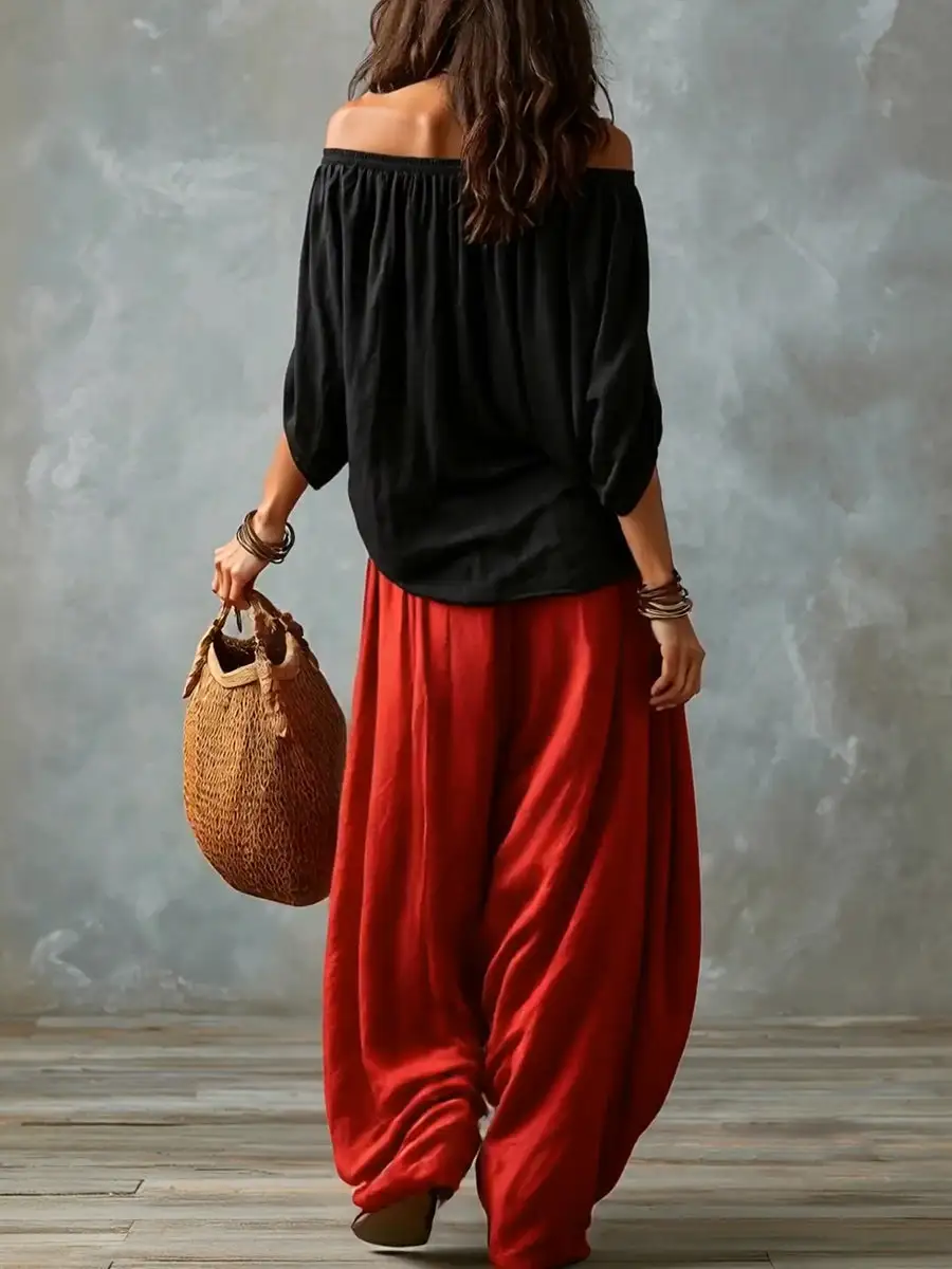 Pleated Off Shoulder Blouse And Pants Set