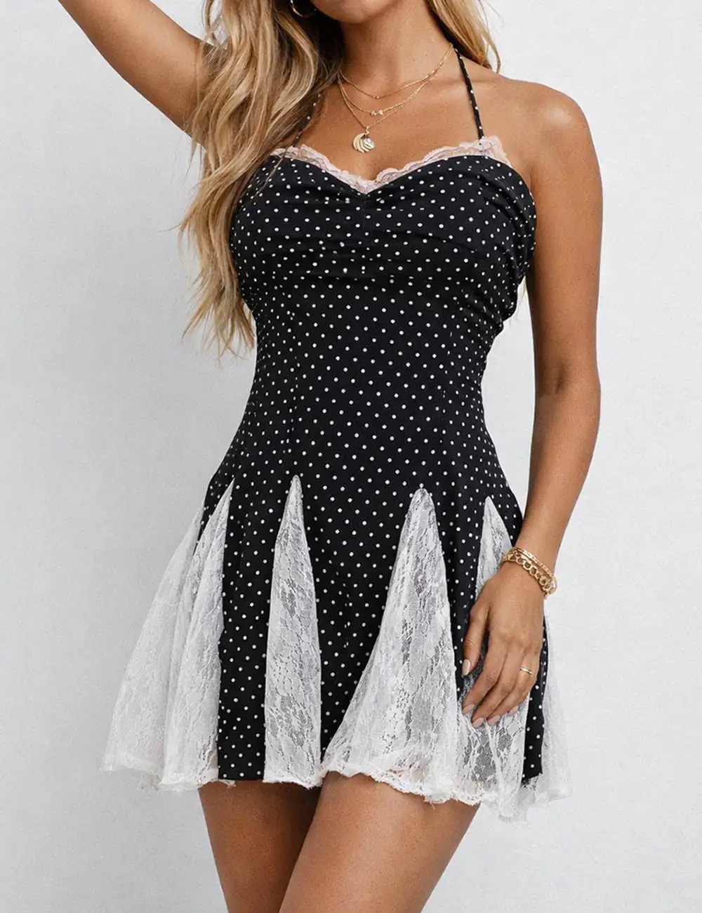 Polka Dot Halter Neck Lace Panel Cami Mini Dress