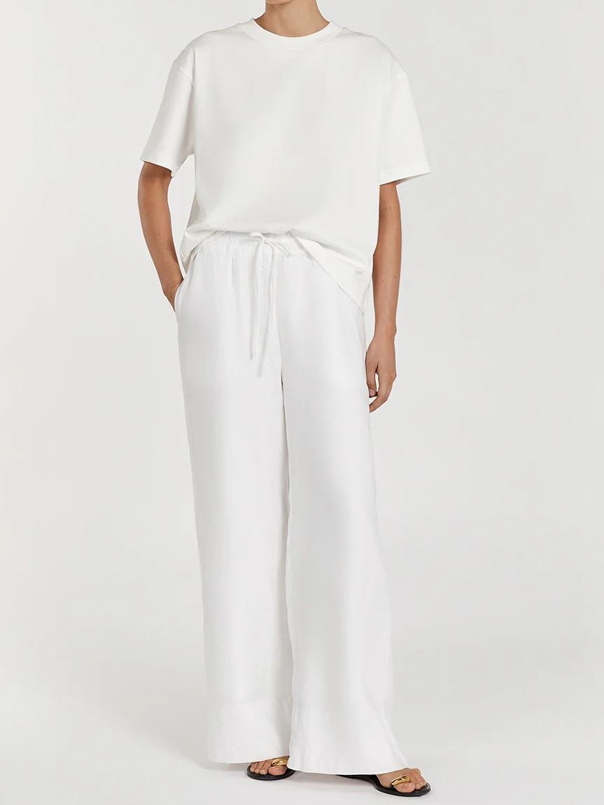 WHITE LINEN ELASTIC WAIST PANT