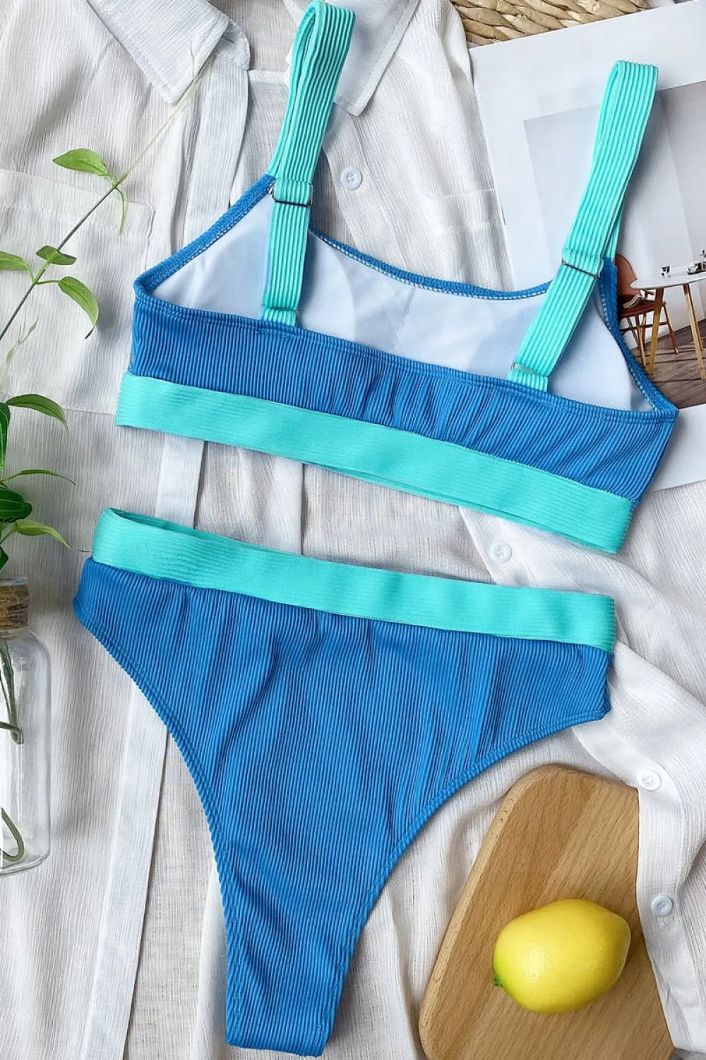 Blocked Pattern Scoop Neck Bikini Swim Set