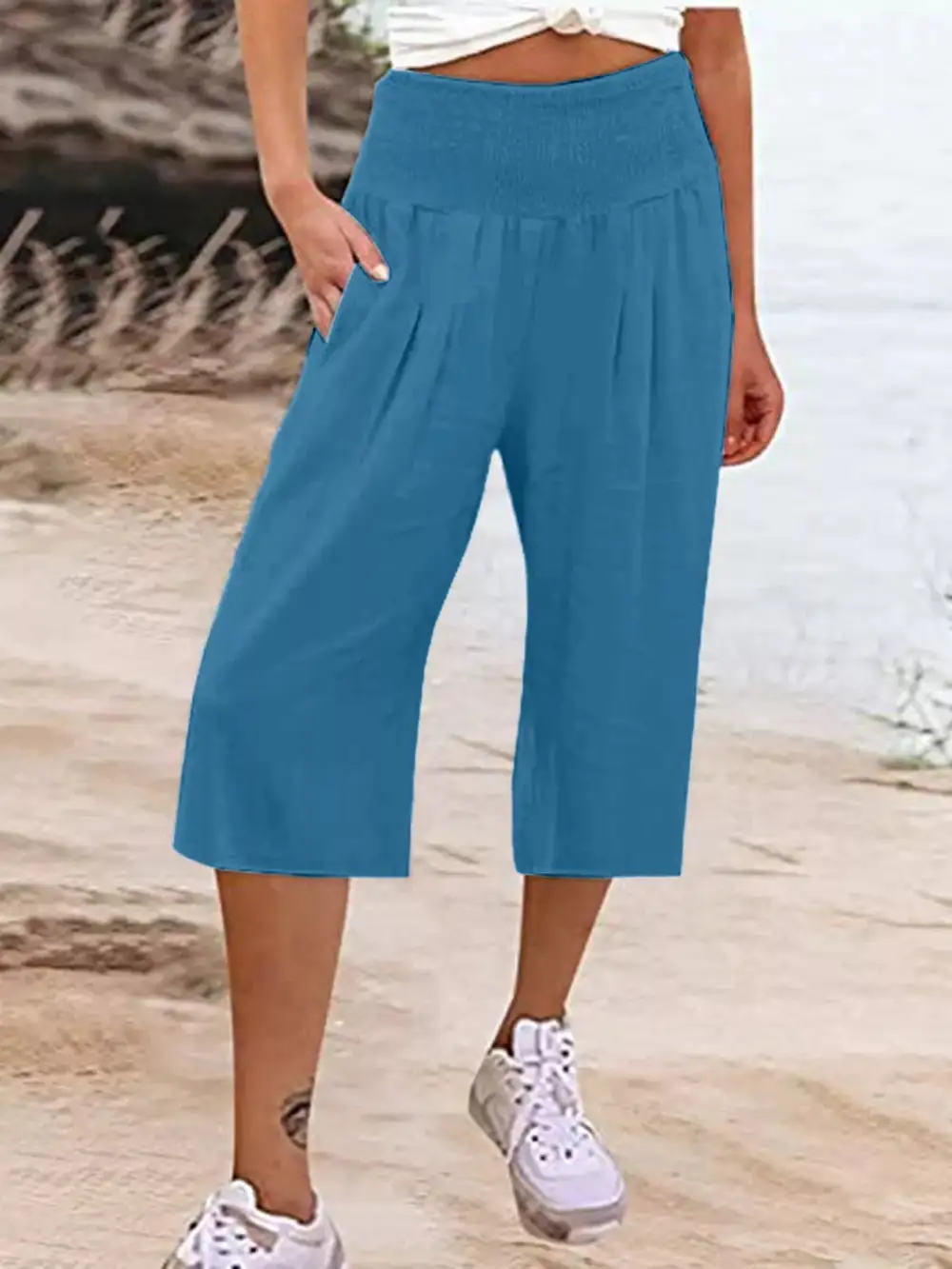 Smocked Wide Leg Capri Pants