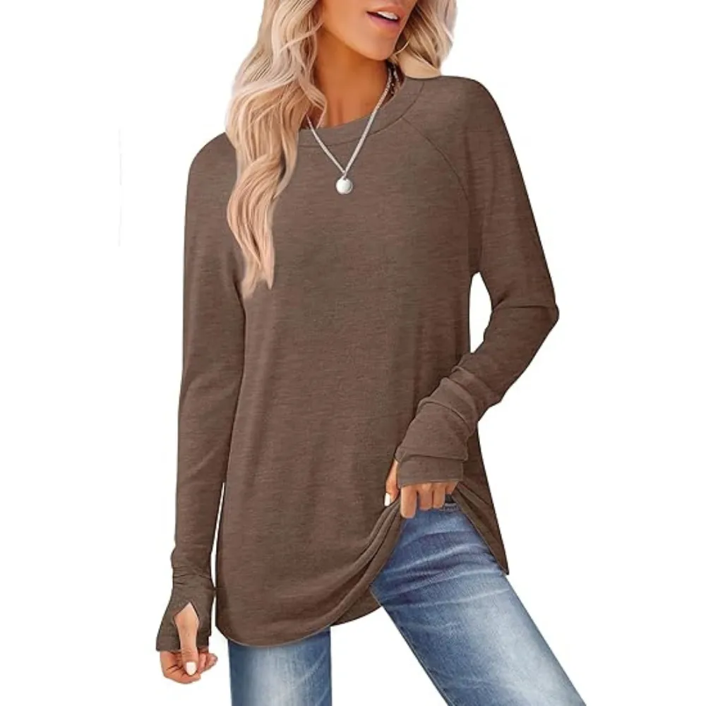 Womens Tunic Tops to Wear with Leggings Long Sleeve Thumb Hole Shirts Crew Neck Curved Hem