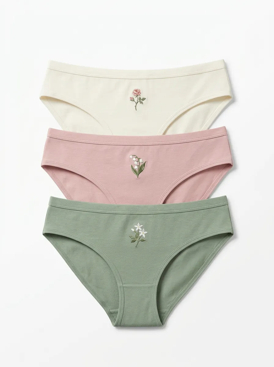 Women's Floral Leaf Embroidered Bikini Briefs Three Pack