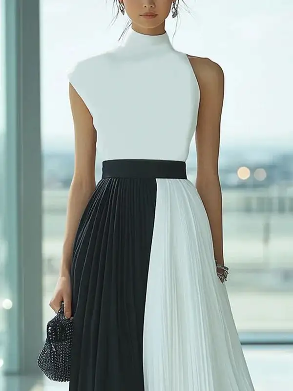 High Loose Pleated Neck Maxi Dress
