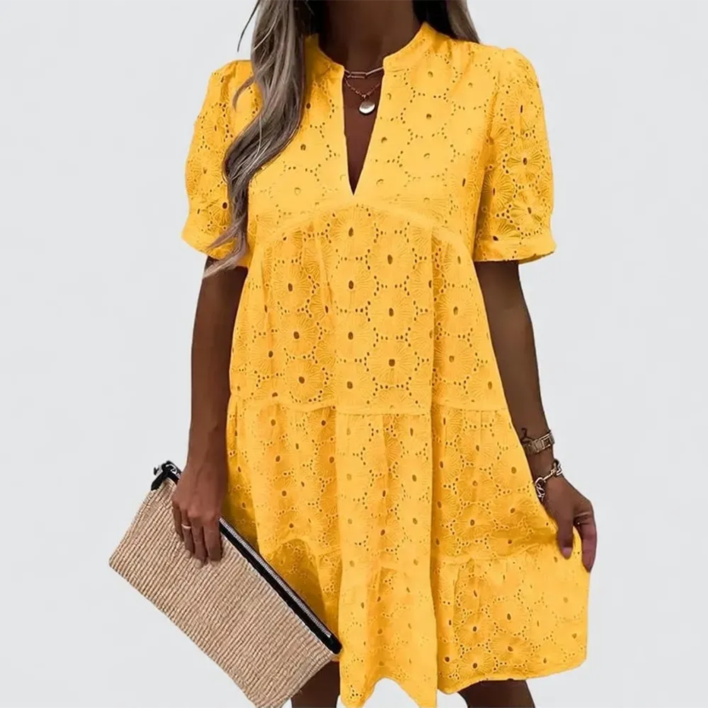 Flowy Lace Dresses Short Sleeve V Neck Tunic Dress