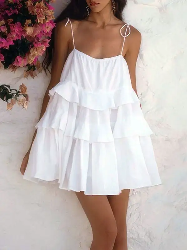 High Waisted Relaxed Backless Layered Pleated Solid Color Tied Spaghetti Neck