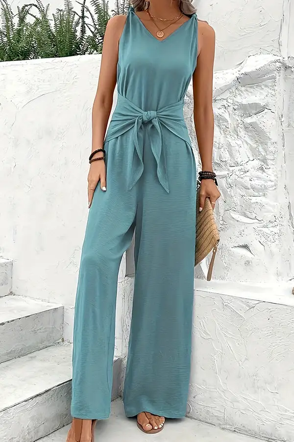 Color V Neck Knot Front Jumpsuit