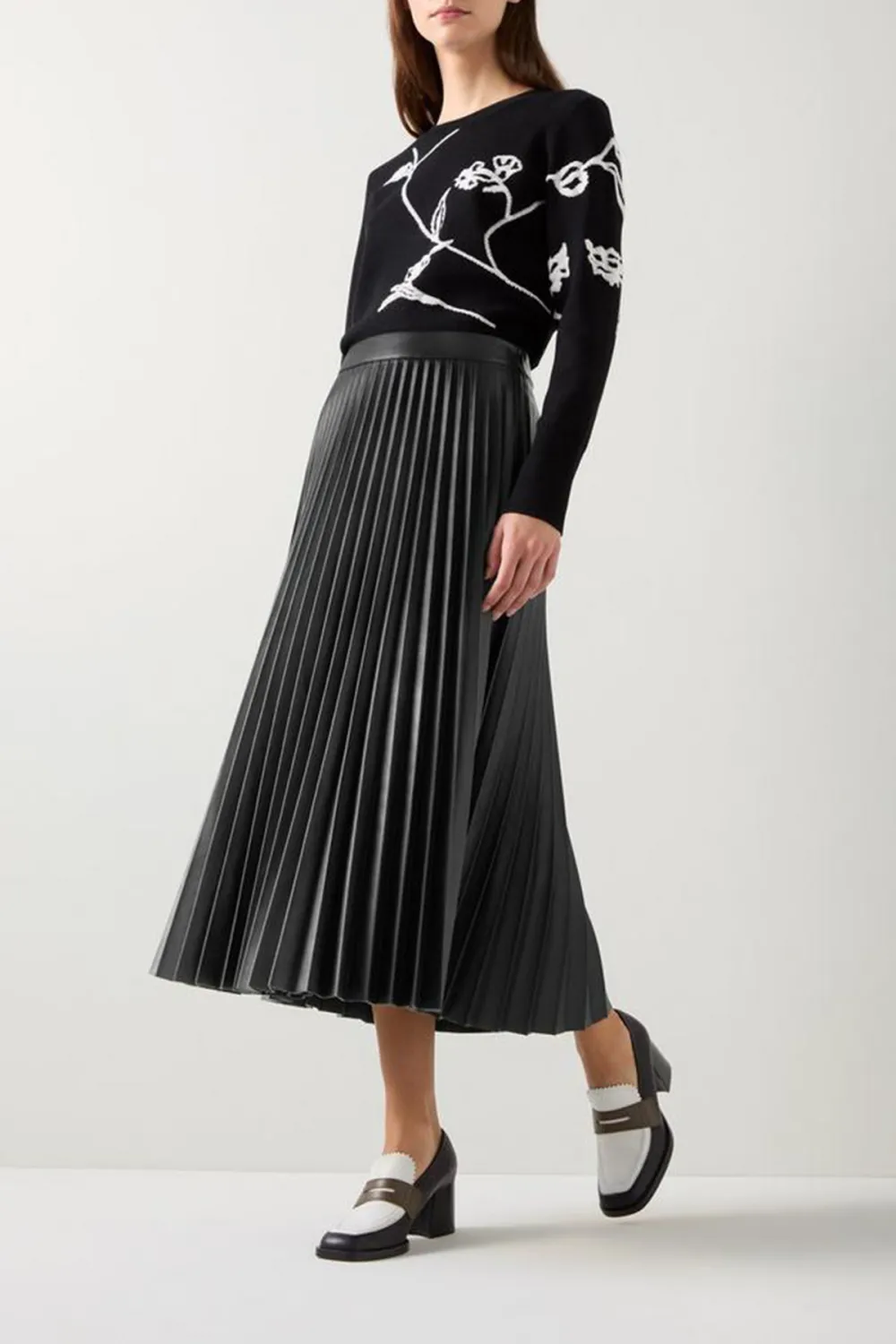 Black Pleated Faux Leather Midi Skirt
