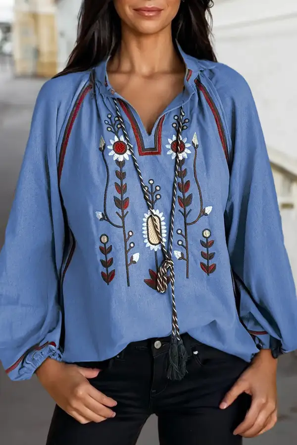 Floral Embroidered Puff Sleeve Blouse