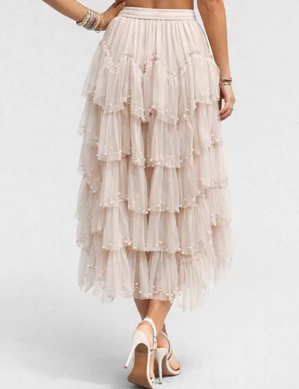 Sheer Mesh Faux Pearl Tiered Ruffle Maxi Skirt