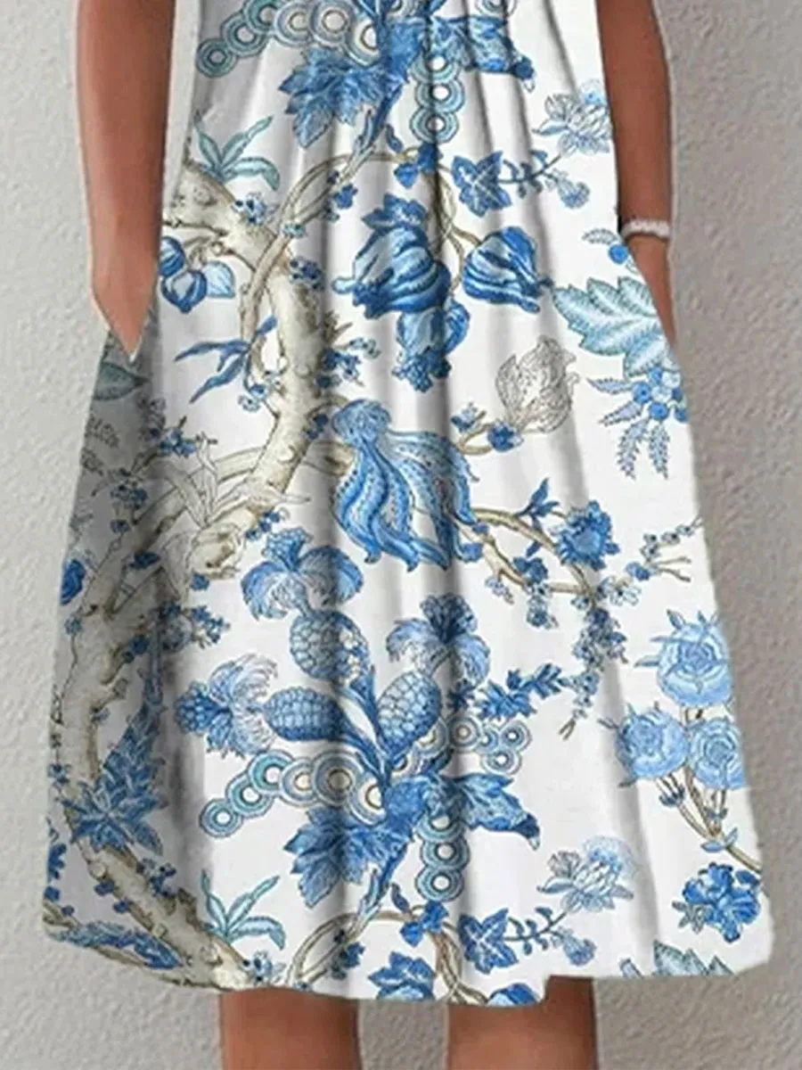 Round Neck Loose Floral Print Summer Short Sleeve Midi Dress