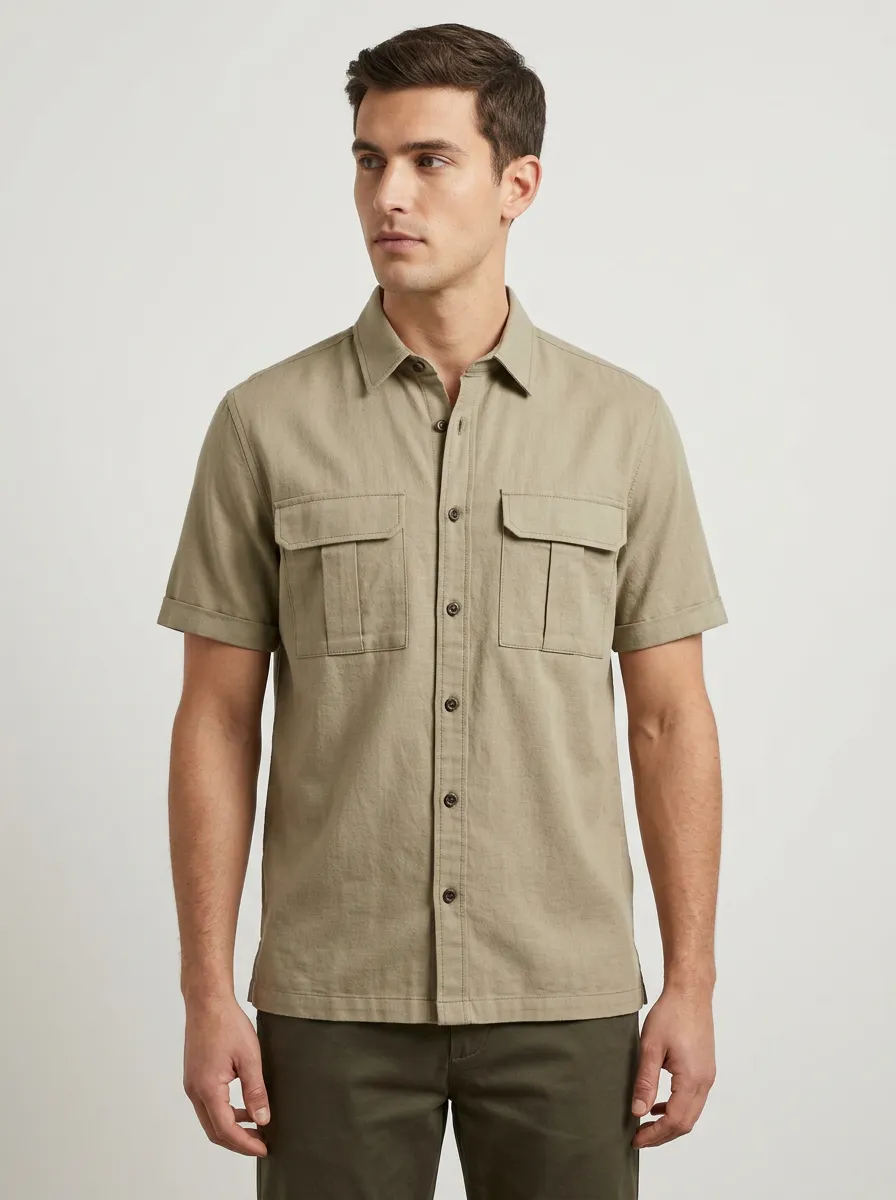 Men's Casual Khaki Breathable Double Pocket Button-Down Shirt