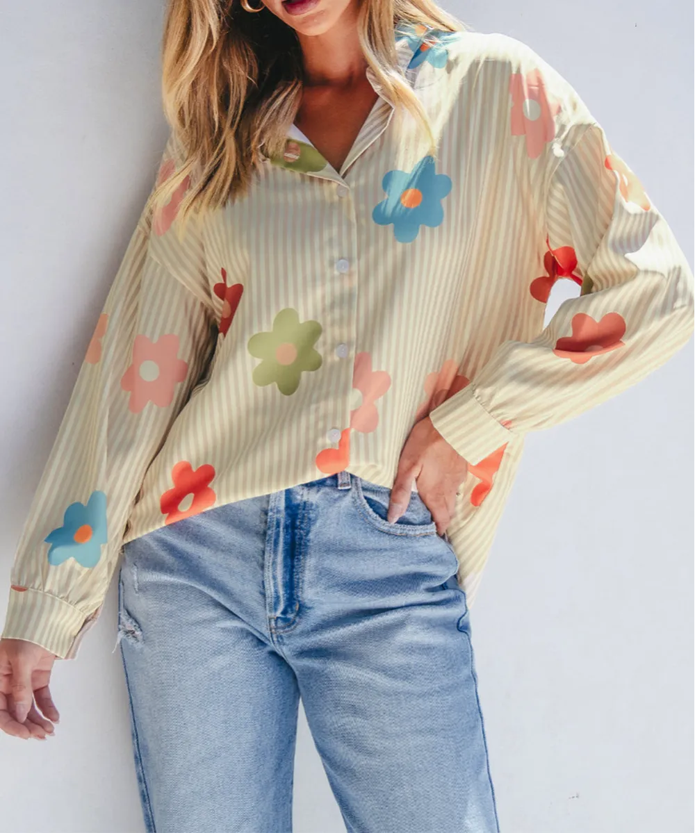 Flower Print Collared Button Up Loose Fit Shirt