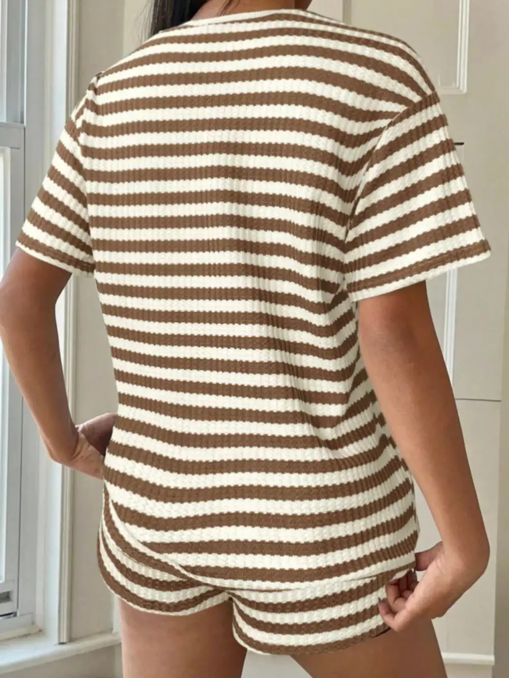 Easy Striped Round Neck Top and Shorts Set