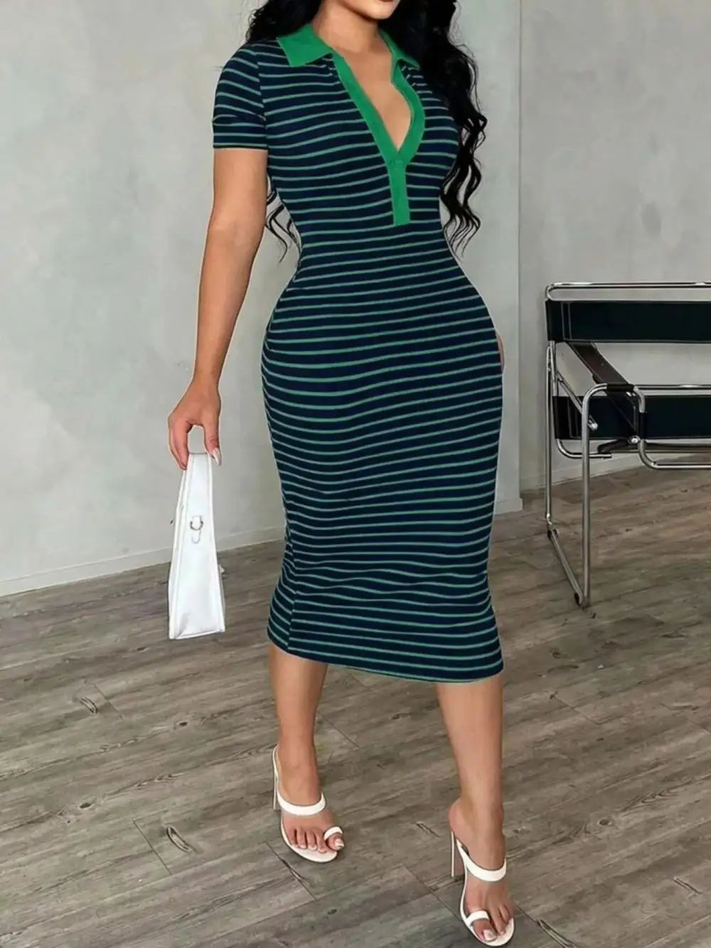 Slight Stretch Buttoned Striped Polo Midi Dress