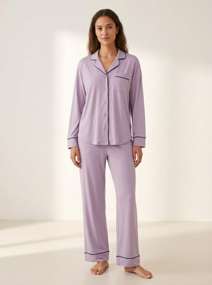 Women's Contrast-Piped Side-Pocket Straight-Leg Pajama Set