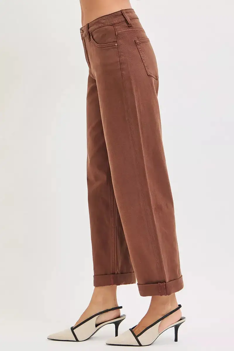 Modern Mid Rise Cuffed Hem Wide Leg Jeans