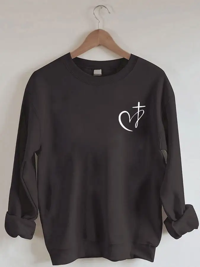Women's Heart Cross Christian Jesus Has My Back Print Sweatshirt