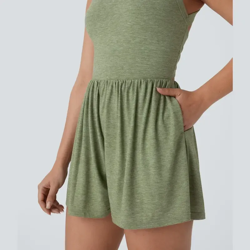 Women’s Backless Twisted Romper – 2-in-1 with Pocket