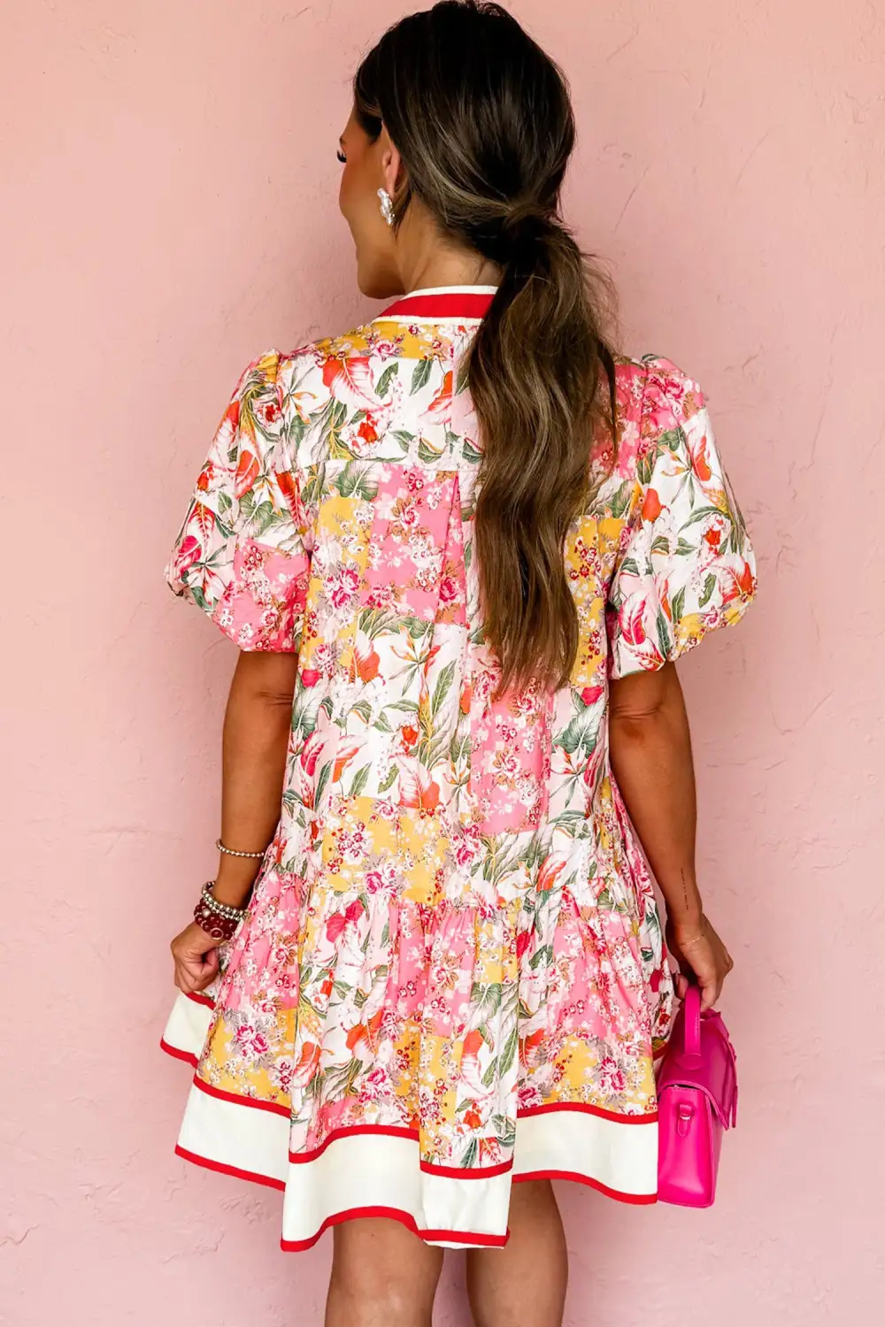 Floral Patchwork V Neck Mini Dress
