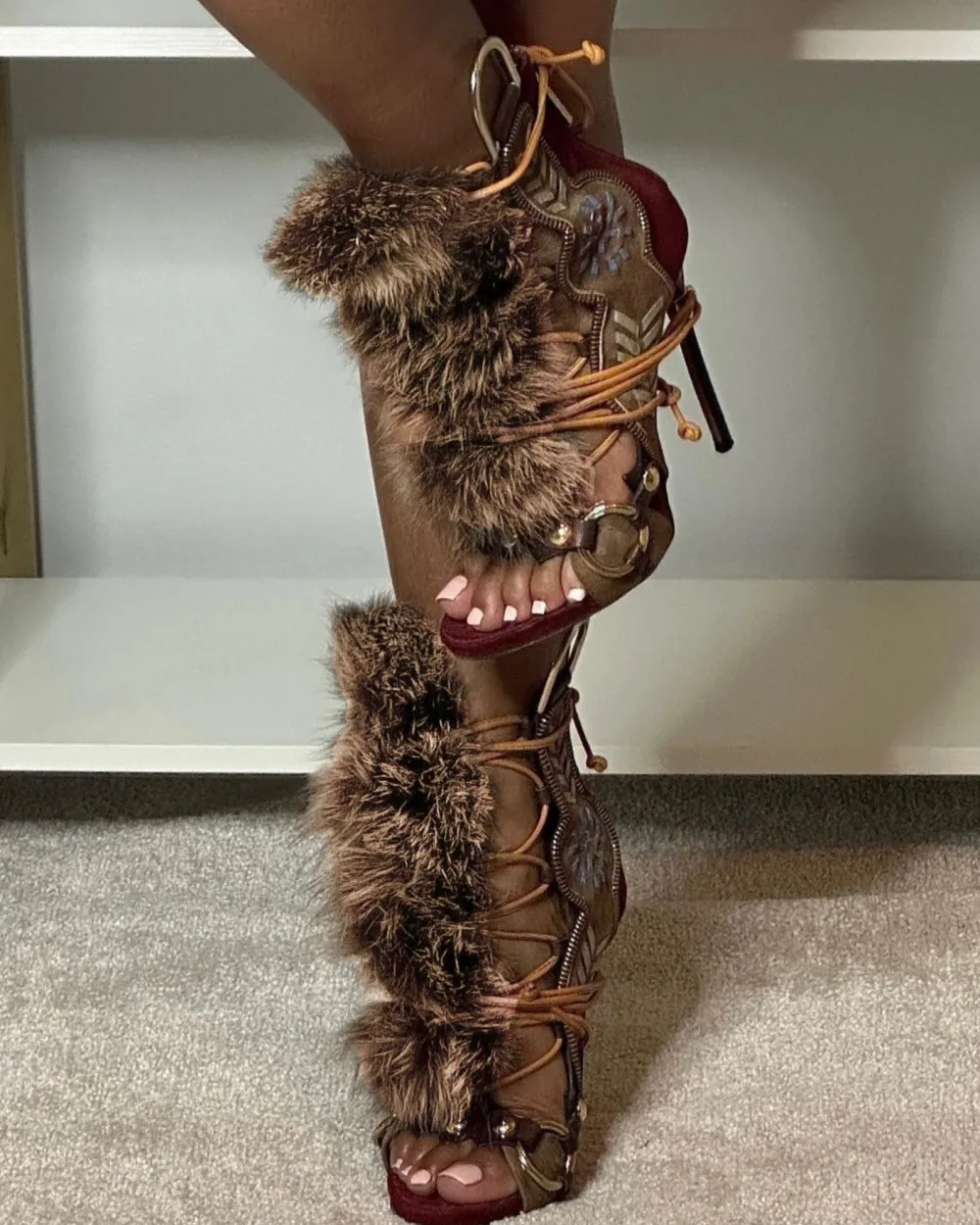 Faux Fur Lace Up Suede Sandals in Brown