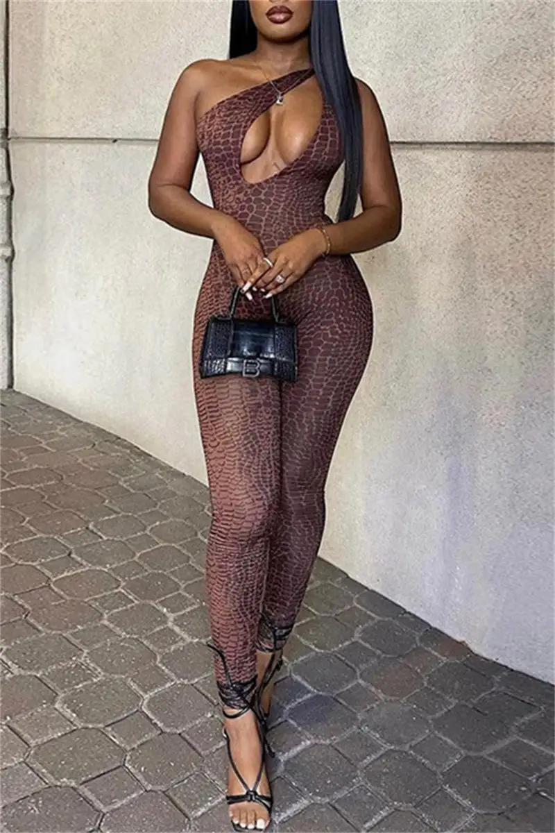 Fashion Sexy Print Hollowed Out Backless One Shoulder Skinny Jumpsuits