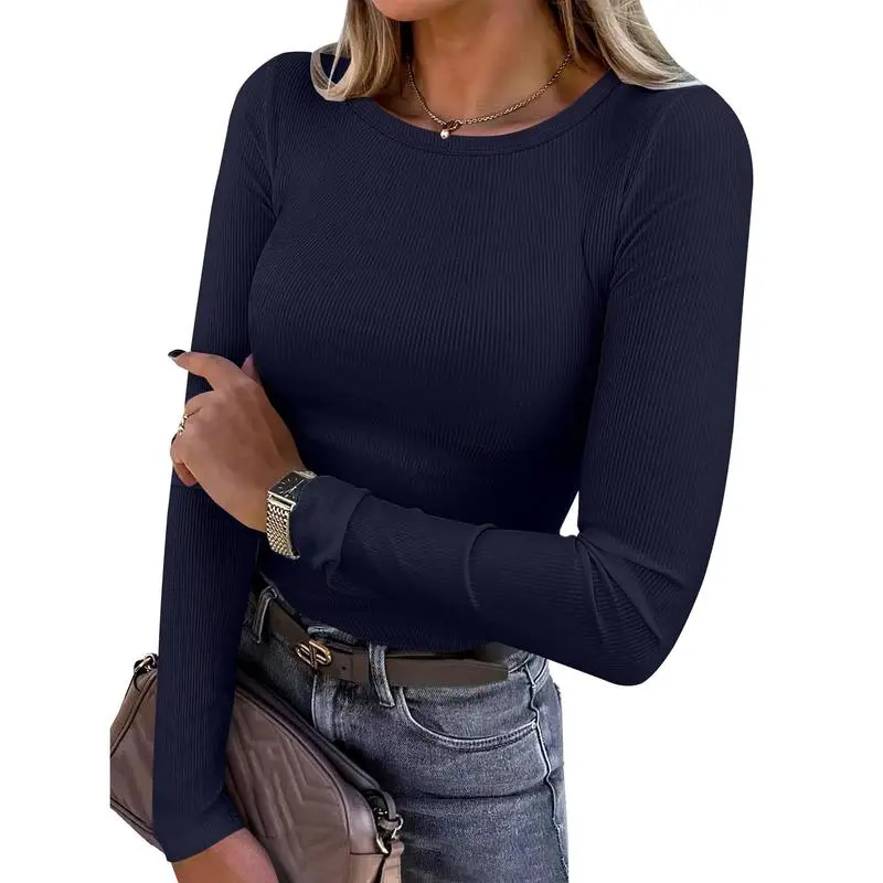 Women's Slim Fit Long Sleeve Crewneck Rib Knit Basic Tee