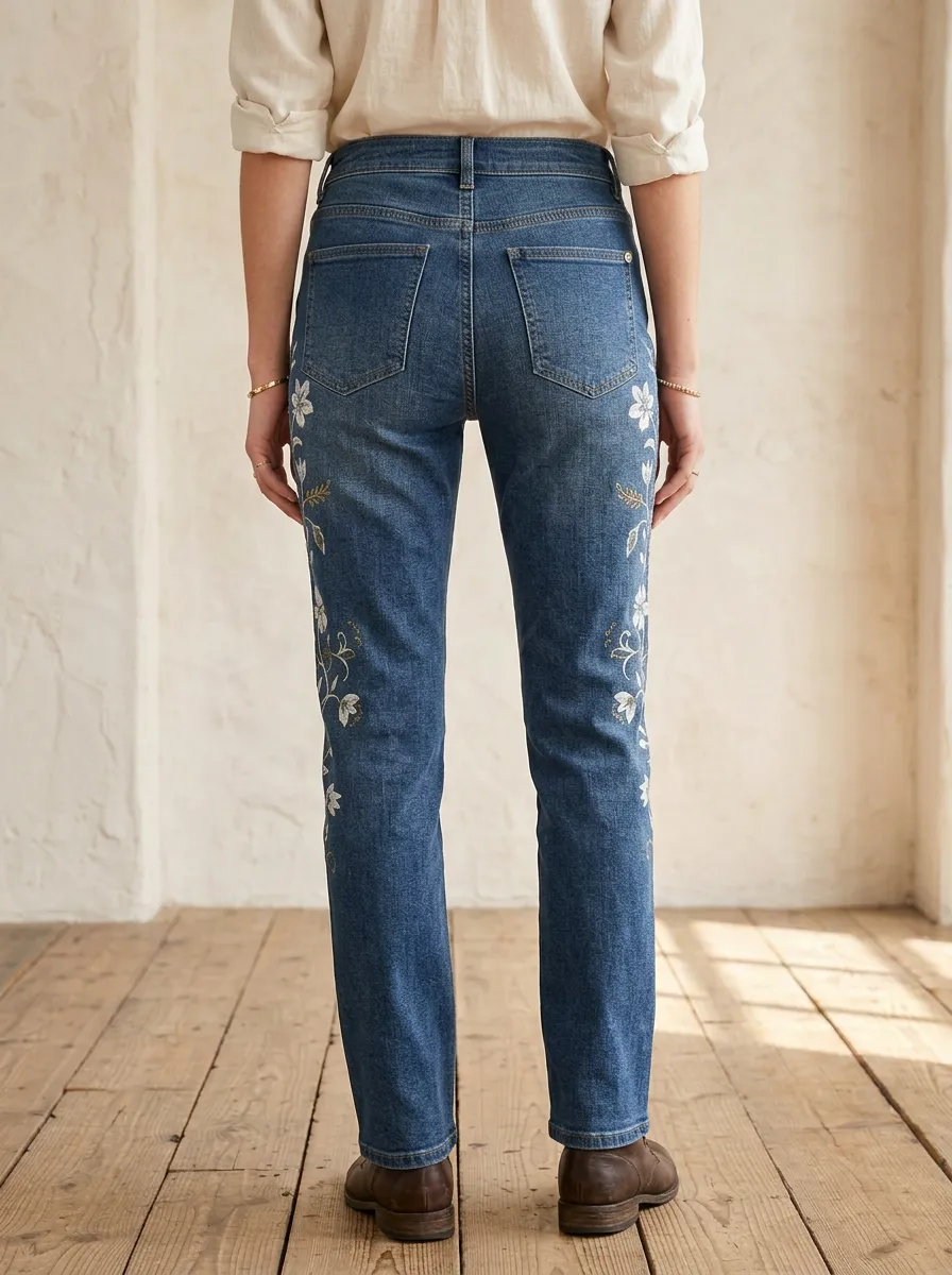 Women's Floral Embroidery High Waisted Printed Jeans