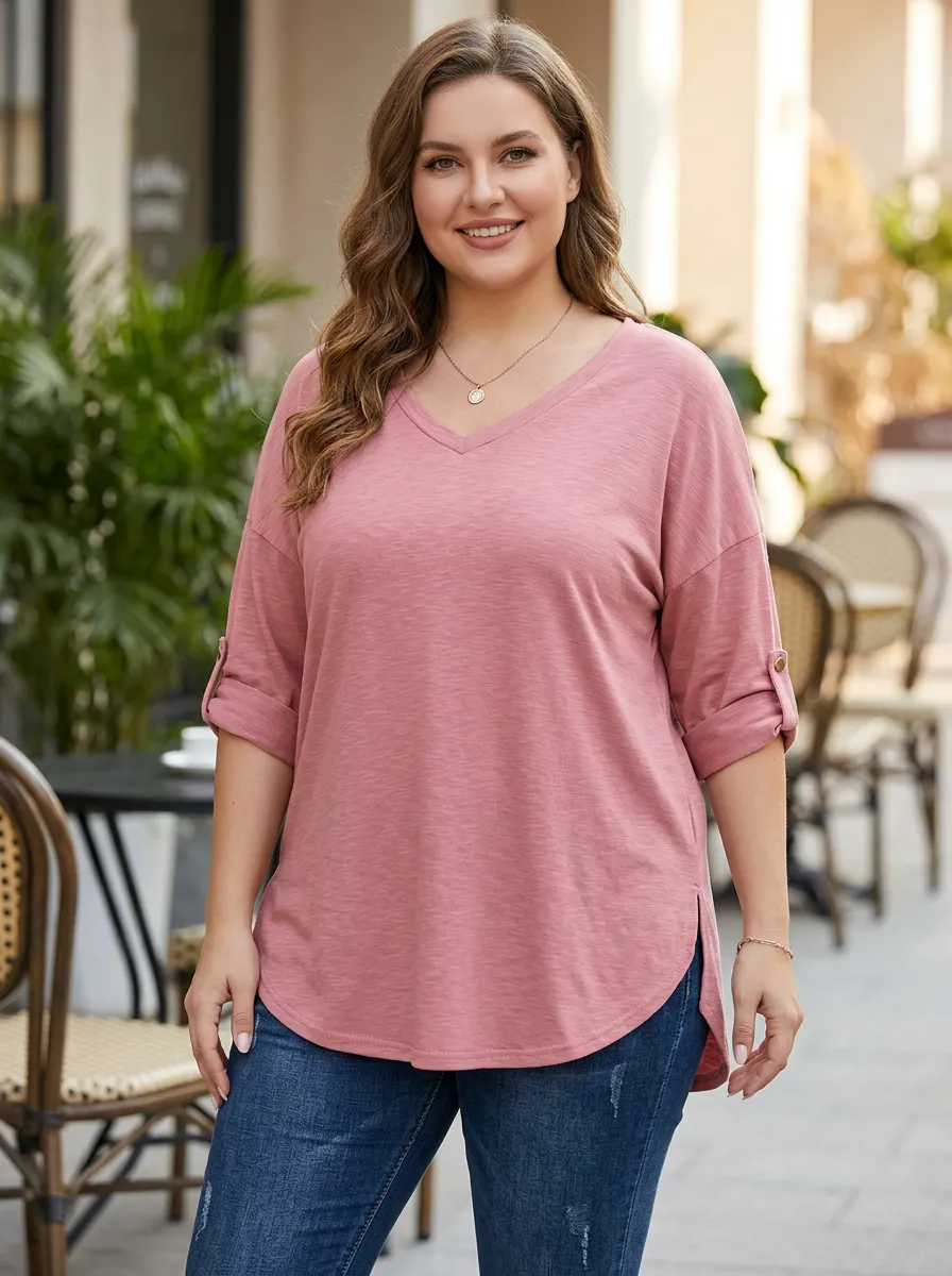 Women's Plus Size Casual Pink Rolled Sleeve V-Neck T-Shirt