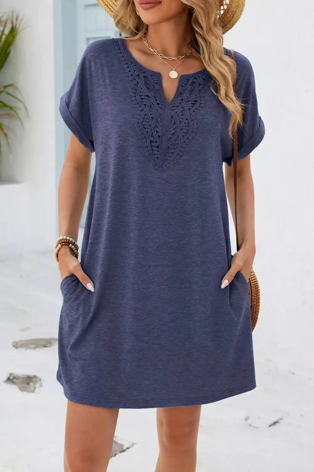 Polished Detail Lace Short Sleeve Dress