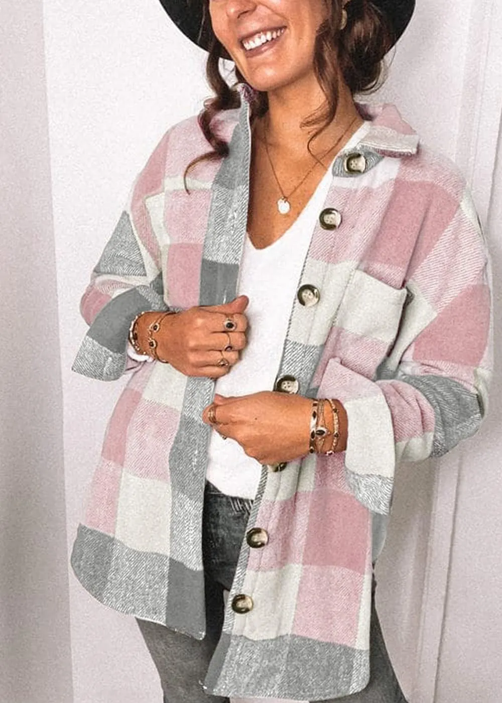 Women's 2023 Fall Clothes Plaid Shacket Jacket Long Sleeve Button Down Flannel Shirts Fashion Blouse