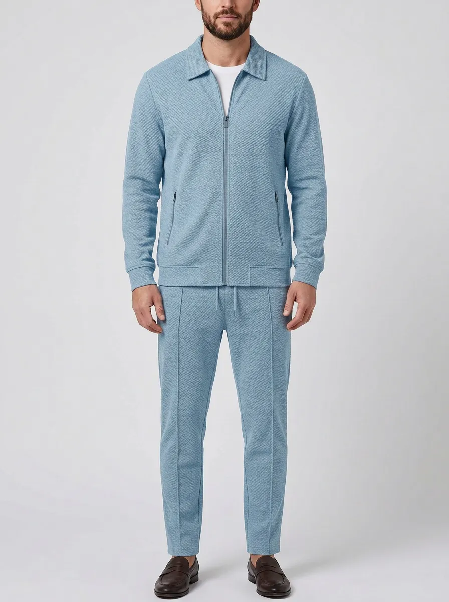 Men's Heritage Inspired Textured Zip-Up Minimal Polo Collar Jacket and Jogger Pants Set