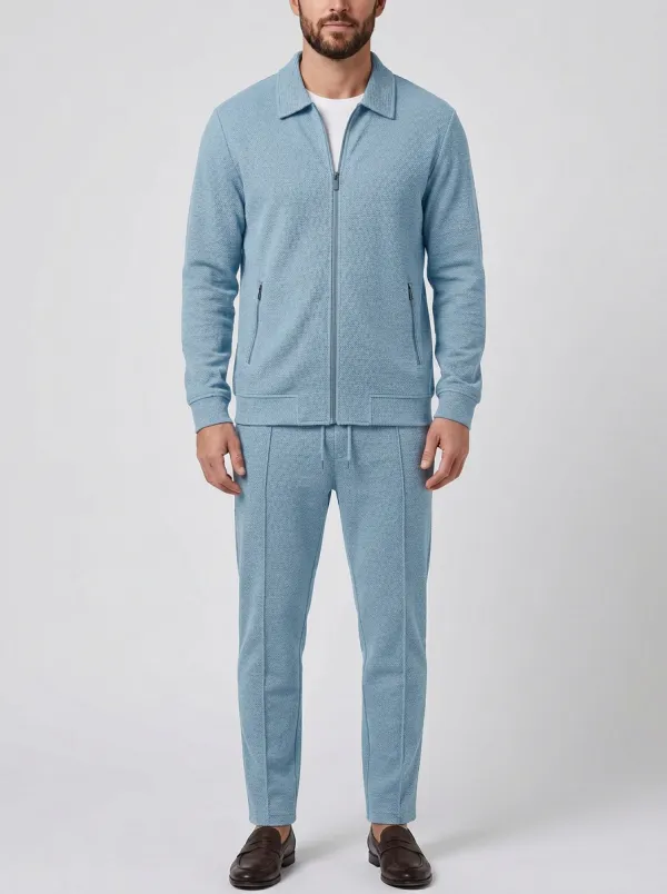 Men's Heritage Inspired Textured Zip-Up Minimal Polo Collar Jacket and Jogger Pants Set