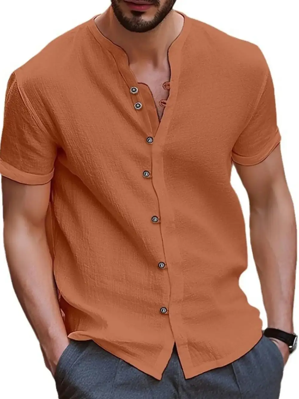 Clean-Lined Short-Sleeve Button-Up Shirt